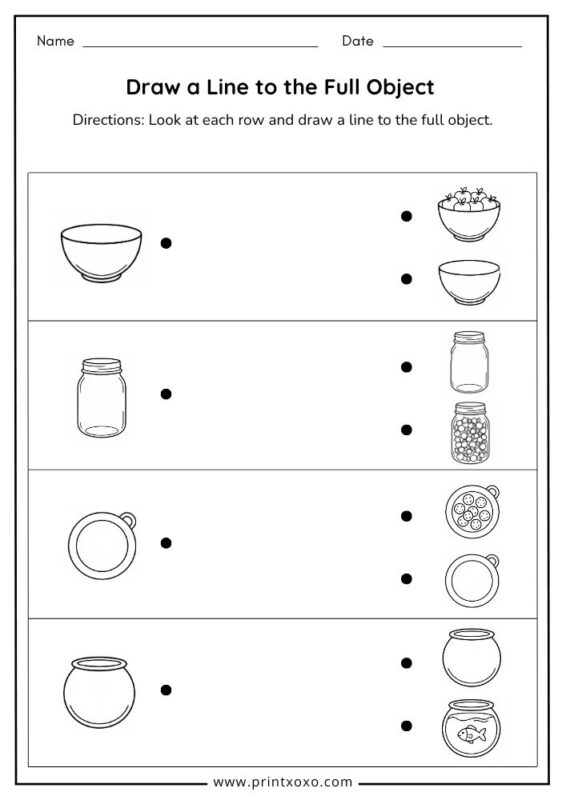 Draw a line to the full object worksheet free printable PDF for preschool and kindergarten