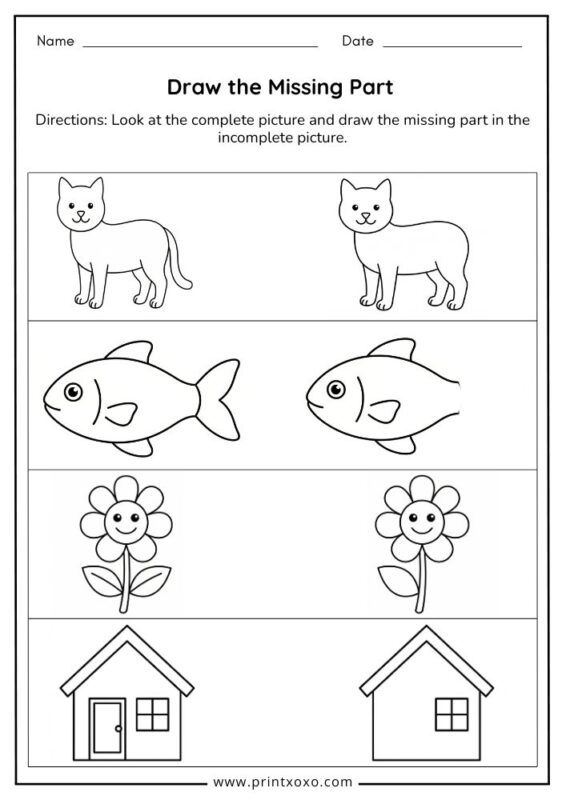 Draw the missing part worksheet printable PDF for preschool and kindergarten
