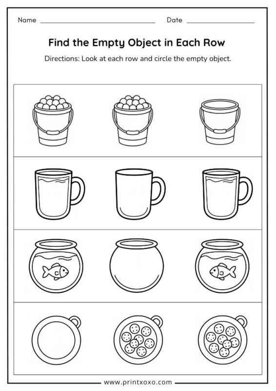 Find the empty object in each row worksheet printable PDF for preschool and kindergarten