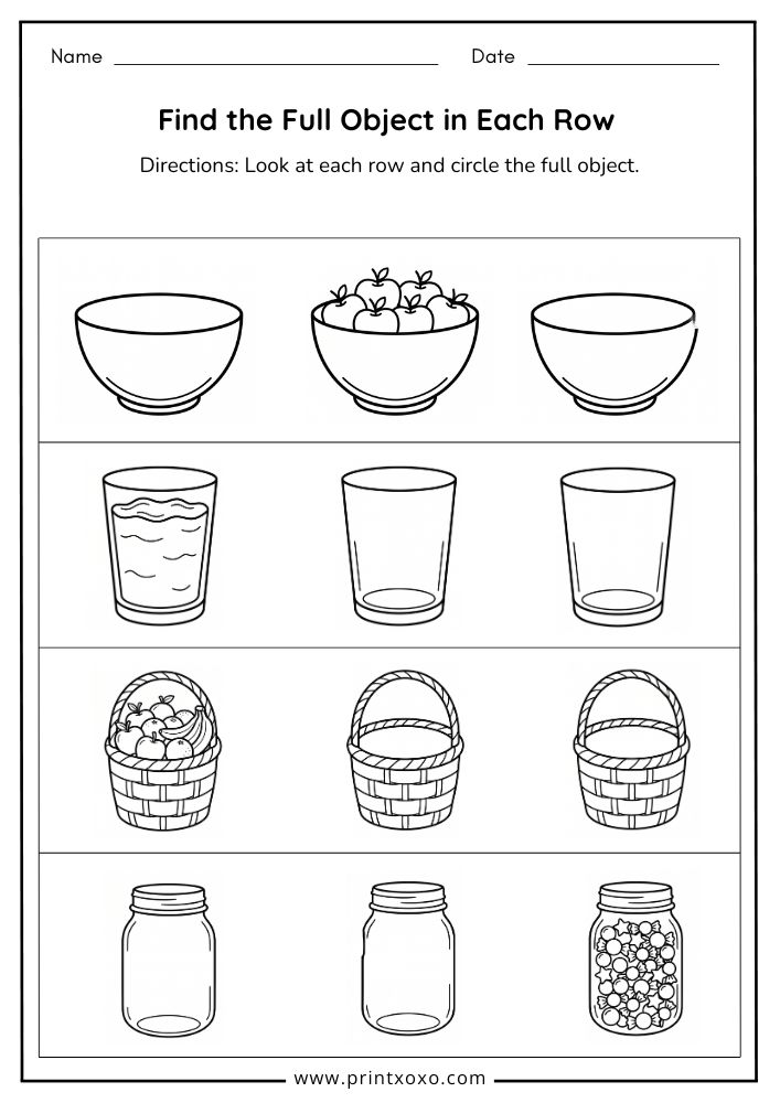 Full and Empty Worksheets – Free Printable PDF for Preschool & Kindergarten