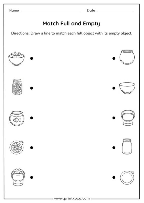 Match full and empty worksheet free printable PDF for preschool and kindergarten