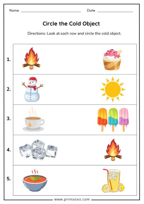 circle the cold object worksheet for preschool and kindergarten kids