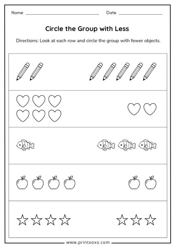 circle the group with less worksheet for preschool and kindergarten kids