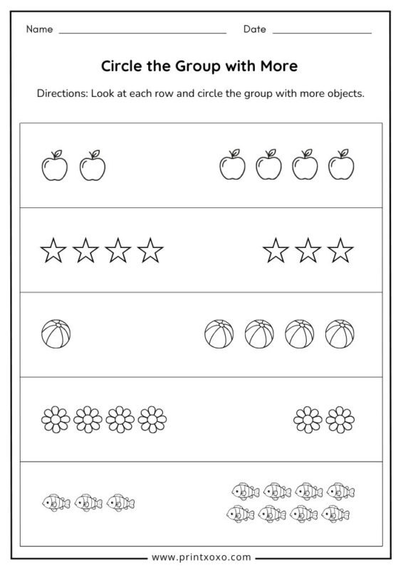 circle the group with more worksheet for preschool and kindergarten kids
