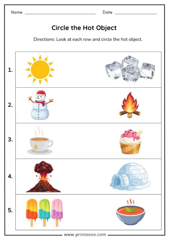 circle the hot object worksheet for preschool and kindergarten kids