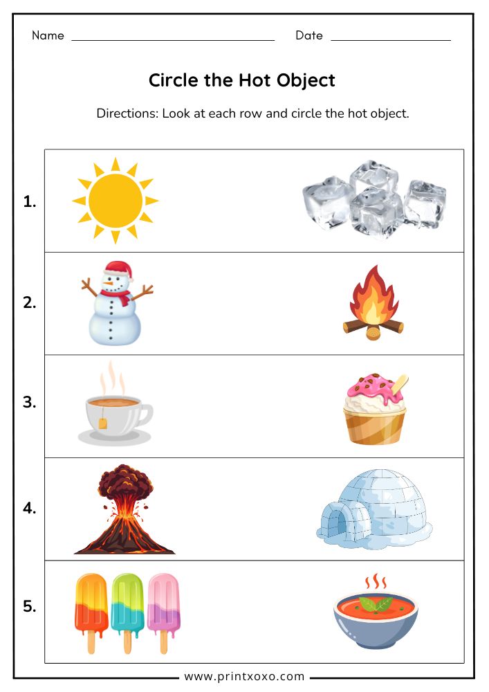 Hot and Cold Worksheets - Free Printable PDF for Preschool & Kindergarten