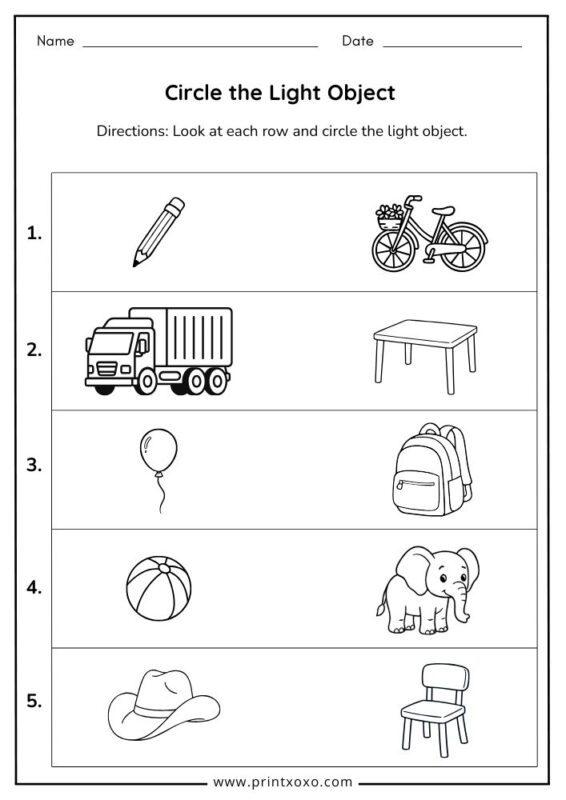 circle the light object worksheet for preschool and kindergarten kids