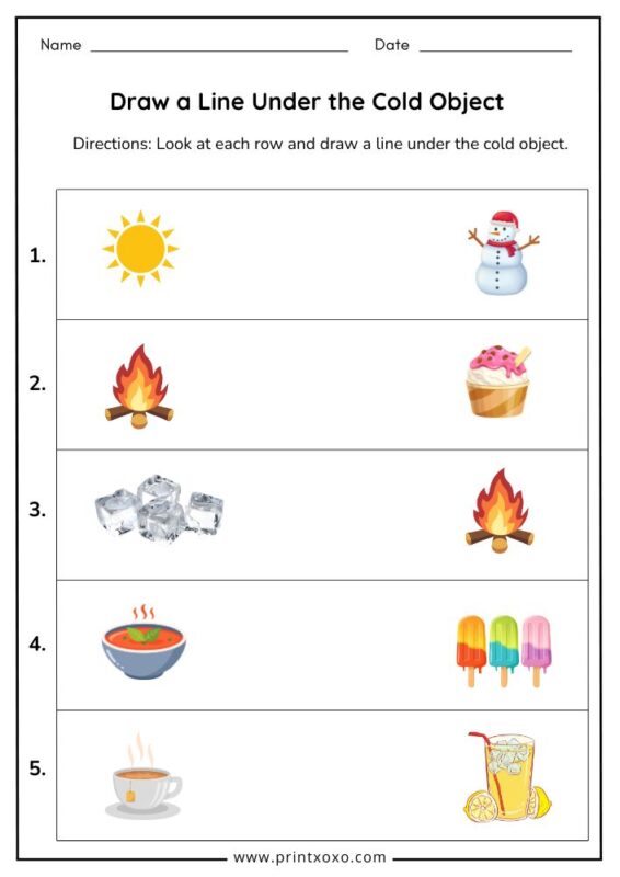 draw a line under the cold object worksheet for preschool and kindergarten kids