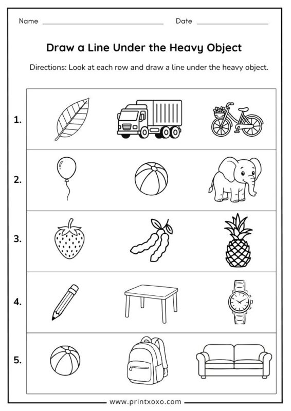 draw a line under the heavy object worksheet for preschool kids