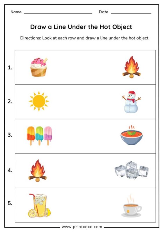 draw a line under the hot object worksheet for preschool kids