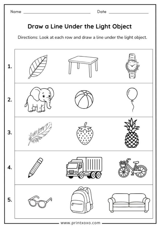 draw a line under the light object worksheet for preschool and kindergarten kids
