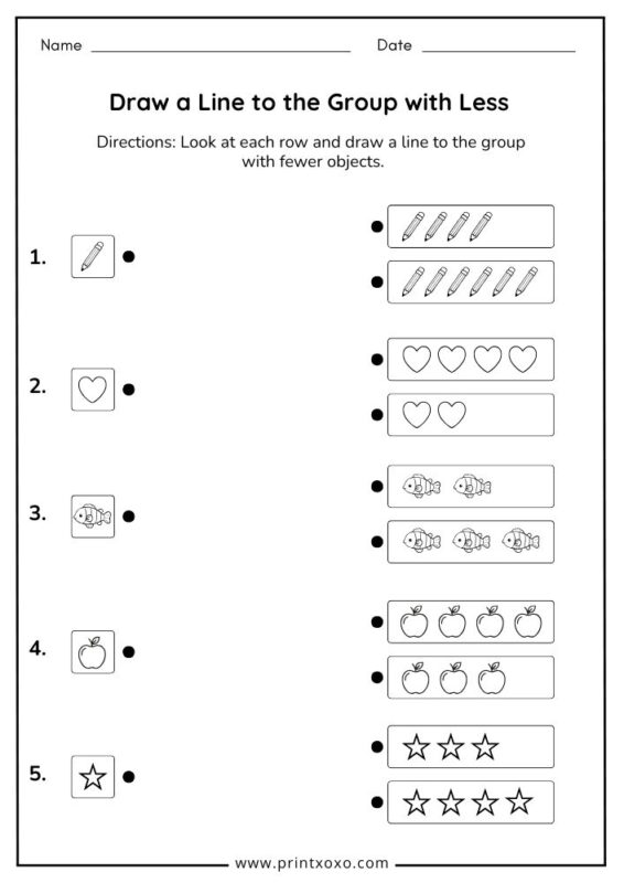 draw a line to the group with fewer objects worksheet for kids