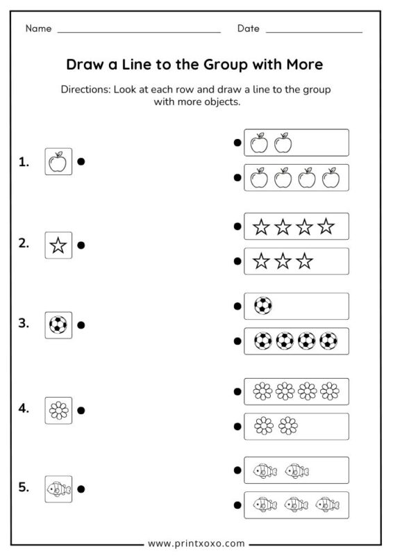 draw a line to the group with more objects worksheet for preschool kids