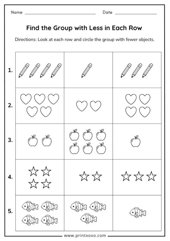find the group with fewer objects worksheet for kindergarten kids