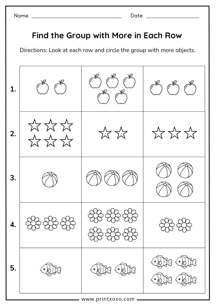 More Group More and Less Worksheets – Free Printable PDF for Preschool & Kindergarten