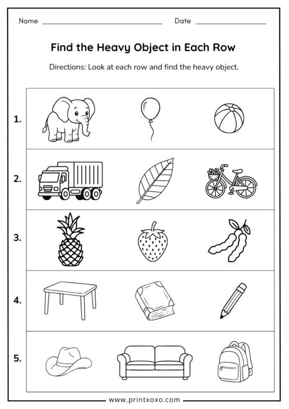 find the heavy object in each row worksheet for preschool kids