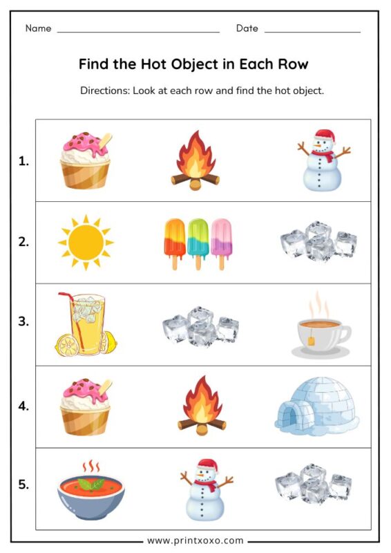 find the hot object in each row worksheet for preschool kids