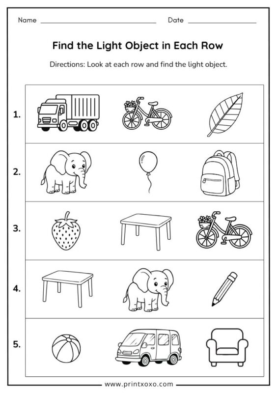 find the light object in each row worksheet for kindergarten kids