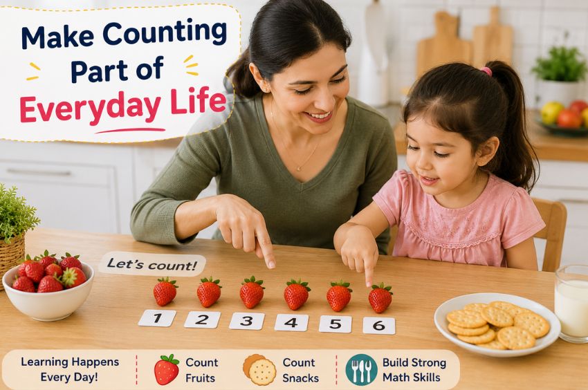 Preschool counting activity during everyday routine with a parent and child counting strawberries at the kitchen table