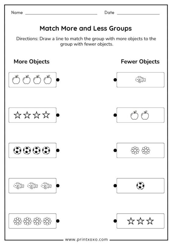 match more and less groups worksheet for preschool and kindergarten kids