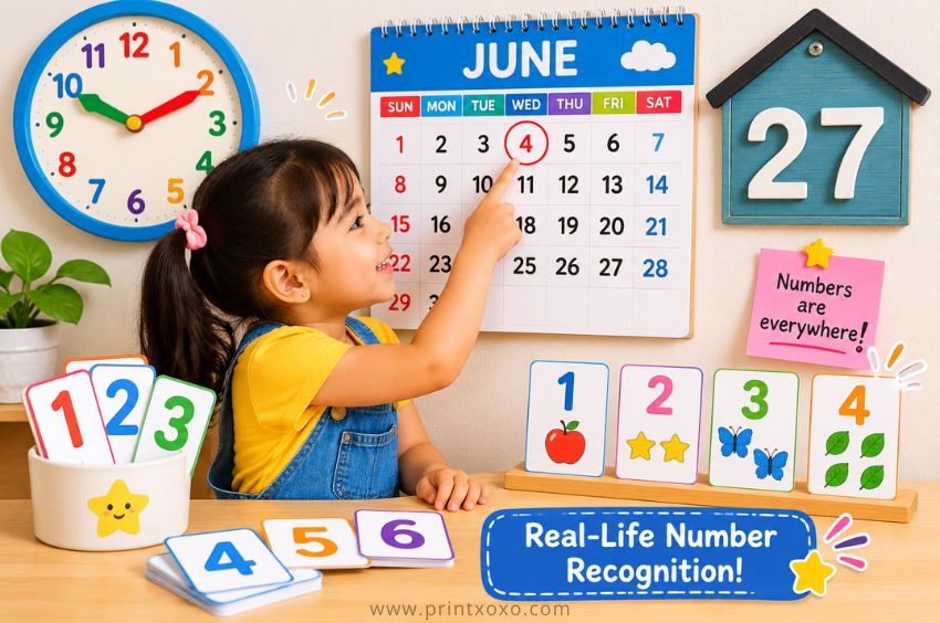 Preschool child learning number recognition using a calendar, wall clock, house number sign, and number cards
