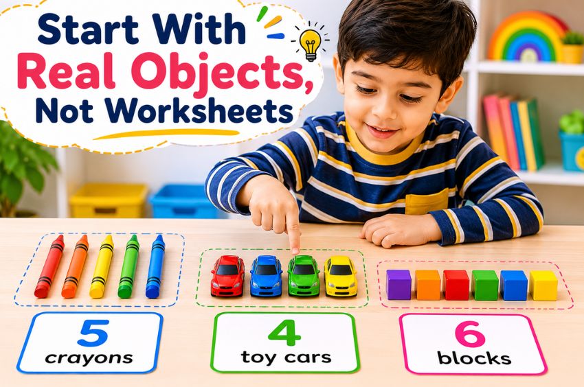 Preschool child counting crayons, toy cars, and blocks using real objects for early math learning