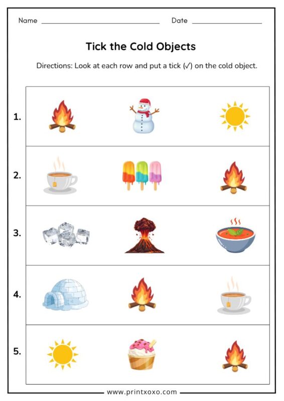 tick the cold objects worksheet for preschool and kindergarten kids