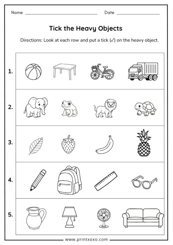 tick the heavy objects worksheet for preschool and kindergarten kids