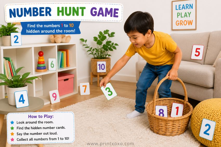 Preschool child playing a number hunt game by finding hidden number cards around the room