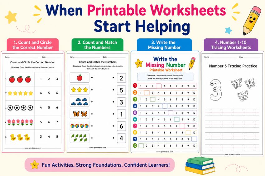 Printable counting, matching, missing number, and tracing worksheets for preschool and kindergarten learning