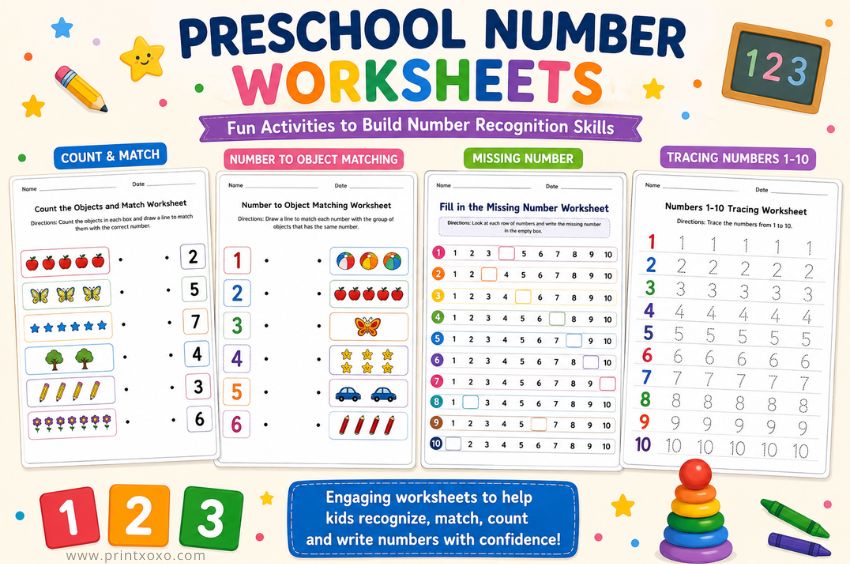 Printable preschool worksheets for number recognition, matching, missing numbers, counting, and number tracing activities