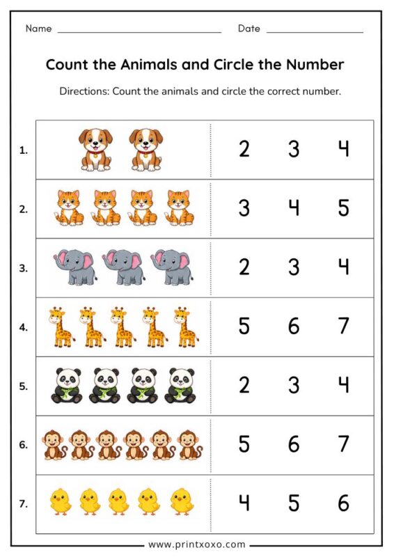 count the animals and circle the number worksheet for kindergarten kids