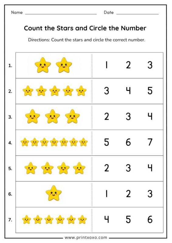 count the stars and circle the number worksheet for preschool and kindergarten kids