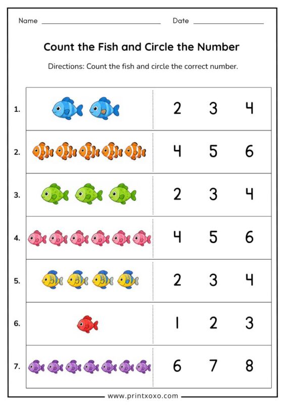 count the fish and circle the number worksheet for preschool kids