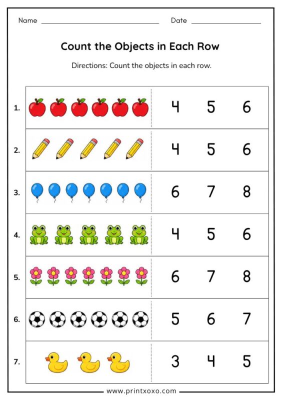 count the objects in each row worksheet for preschool and kindergarten kids