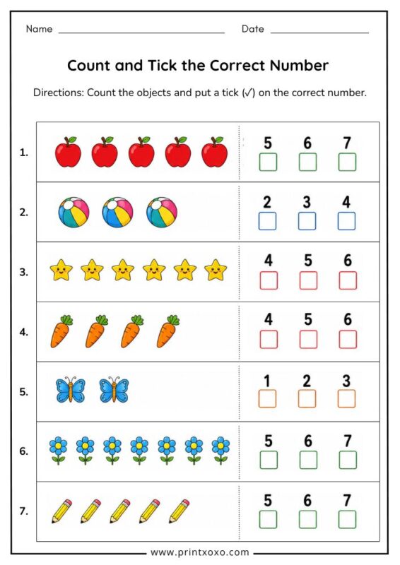 count and tick the correct number worksheet for preschool and kindergarten kids