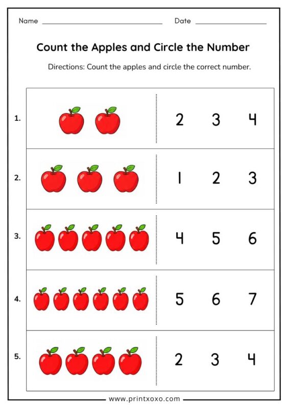 count the apples and circle the number worksheet for preschool kids