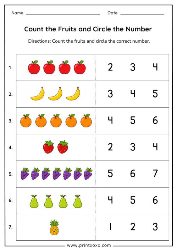 count the fruits and circle the number worksheet for kindergarten kids