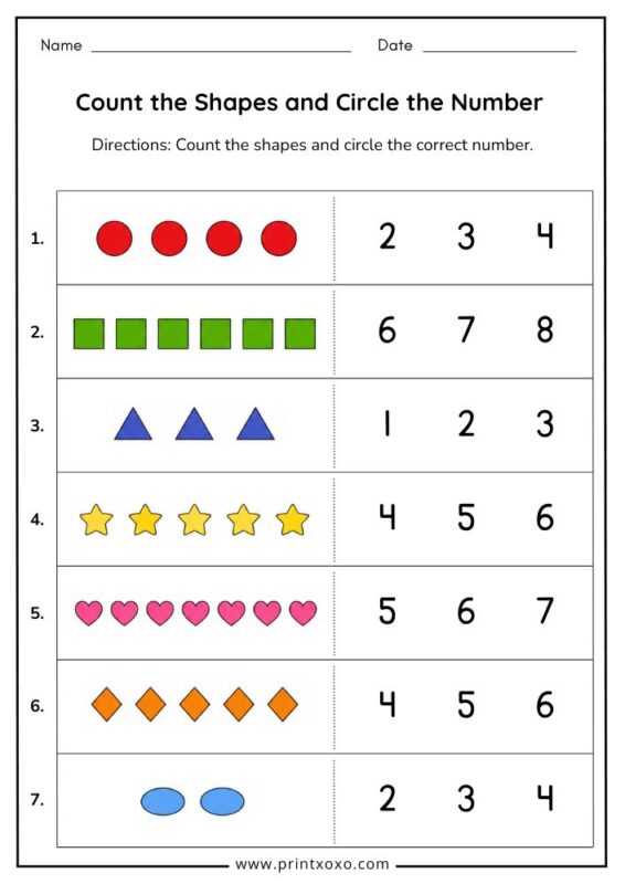 count the shapes and circle the number worksheet for preschool kids