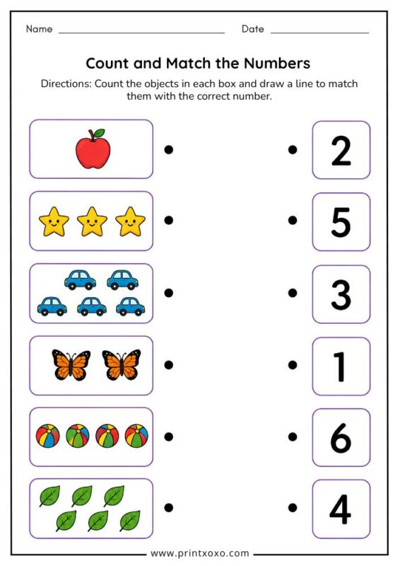 Count and Match the Numbers worksheet for preschool and kindergarten kids