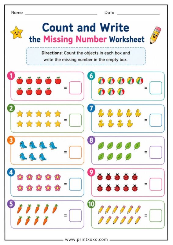 Count and write the missing number worksheet for kindergarten kids