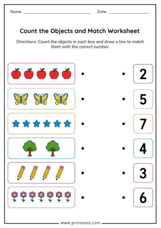 Count the objects and match worksheet printable for preschoolers