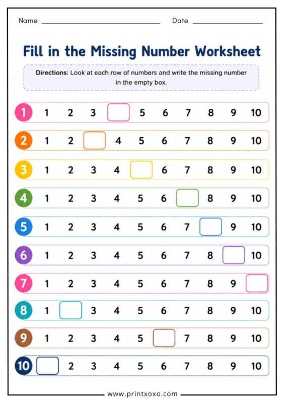 Fill in the Missing Number worksheet for preschool and kindergarten kids
