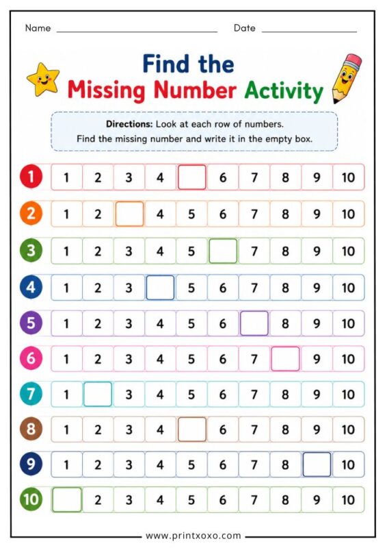 Find the missing number activity worksheet for preschool kids