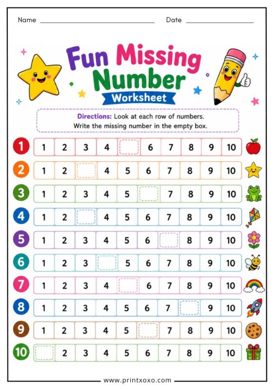 Fun missing number worksheet printable for preschool and kindergarten