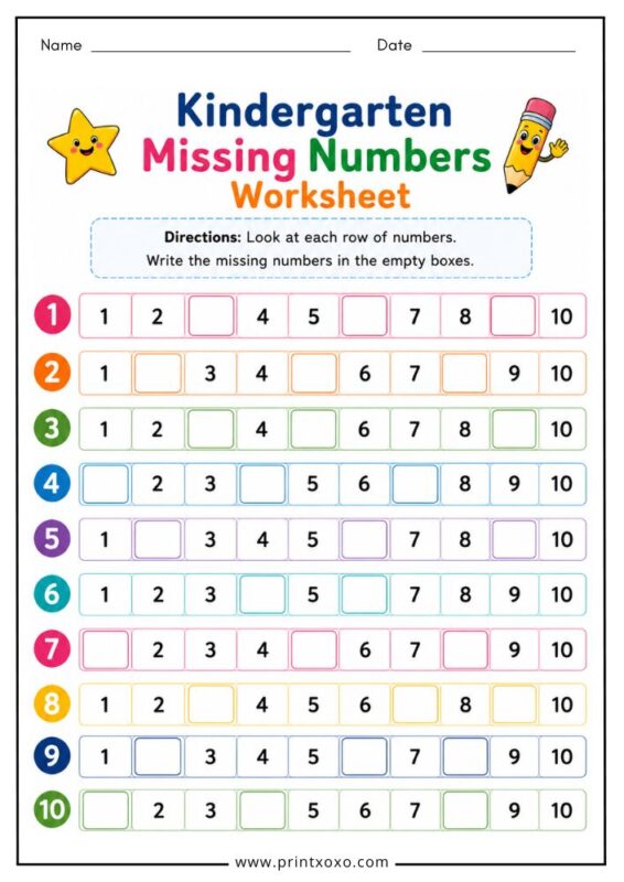 Kindergarten missing numbers worksheet printable PDF