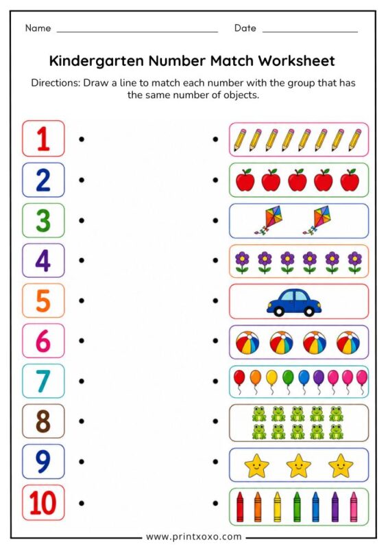 Kindergarten number match worksheet printable activity