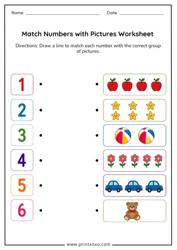 Match numbers with pictures worksheet printable for kids