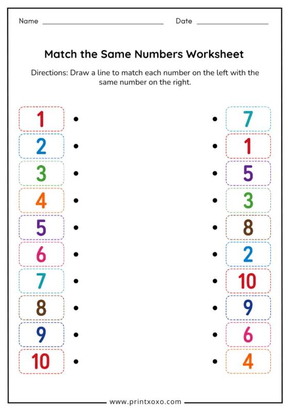 Match the Same Numbers worksheet printable for preschool kids
