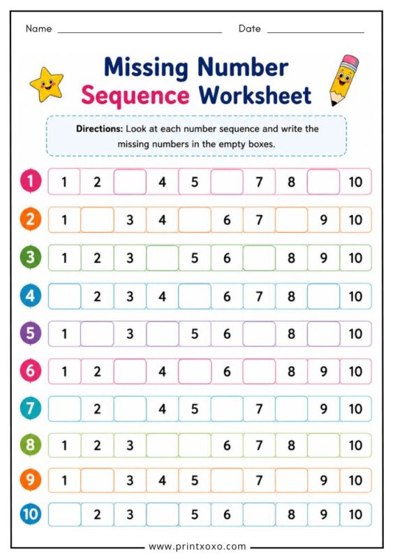 Missing number sequence worksheet printable for preschool and kindergarten